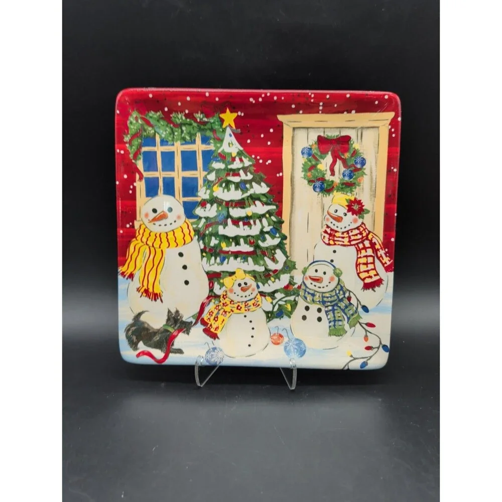 Nantucket Home For The Holidays 8-in Square Plate Snowman Family Terrier Tree